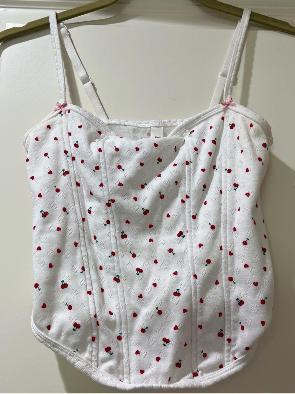 White Cherry-Print Corset Top with Adjustable Straps
